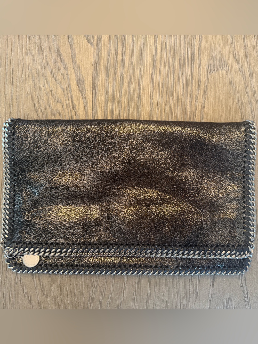 Stella McCartney Falabella foldover clutch- black sheen with silver chain trim